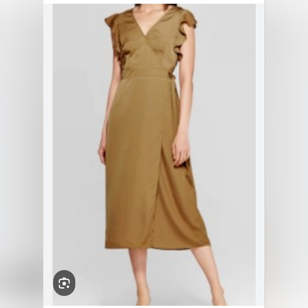 Women's Ruffle Sleeve V-Neck Midi Dress - Olive Sz M